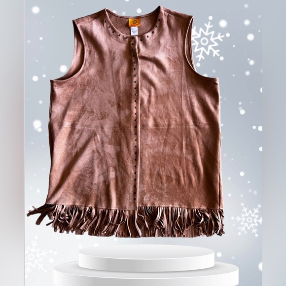 Ruby Rd Suede Fringe Studded tunic Women Brown Faux Open Front Western Regular L - Picture 3 of 16
